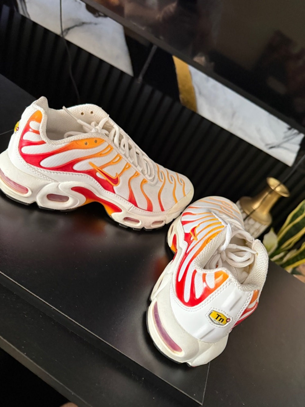 Nike White Sneakers with Red & Orange Flame Detailing